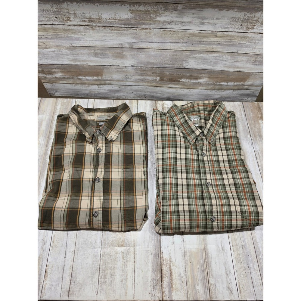 2- Work n Sport Mens 4X Plaid Button Down Shirts Green Brown Cotton Short Sleeve